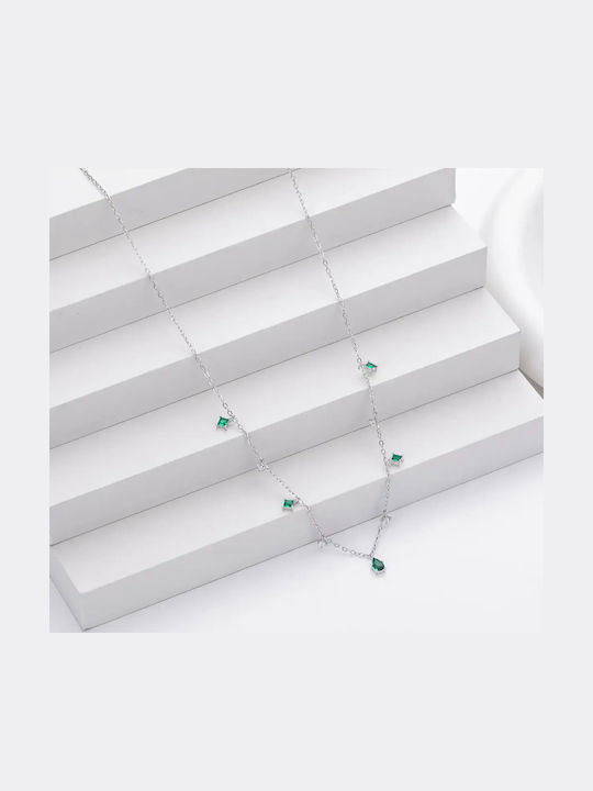 By Queen Ασημένιο Κολιέ 925 Emerald Drops Mε Πράσινα Ζιργκόν