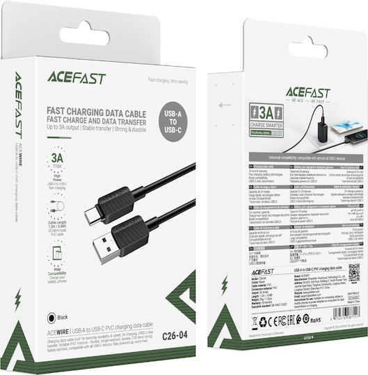 Acefast Кабел USB-C мъжки – USB-A 18 W Черен 1,2 m C26-04