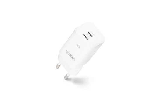 Dicota Зарядно устройство без кабел GaN с 2 USB-C порта 65 W Power Delivery бяло (D32184)