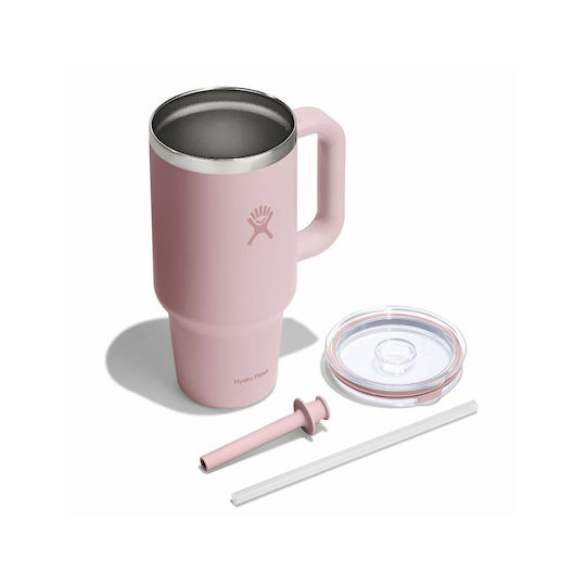 Hydro Flask Handled Tumbler Thermos Bottle Stainless Steel 946ml Pink with Straw and Handle