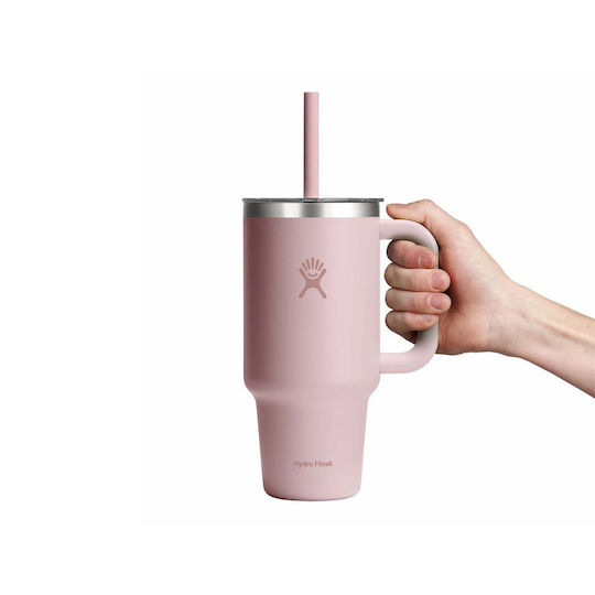 Hydro Flask Handled Tumbler Thermos Bottle Stainless Steel 946ml Pink with Straw and Handle