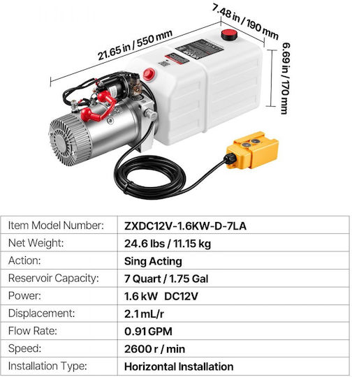 Vevor Hydraulic Pump 7L Single-Acting Trailer Pump Maximum Relief Pressure 22MPa Flow Rate 3.4L/min DC 12V 1.6kW Hydraulic Power Unit Car Lift Dump Trailer Horizontal Mounting