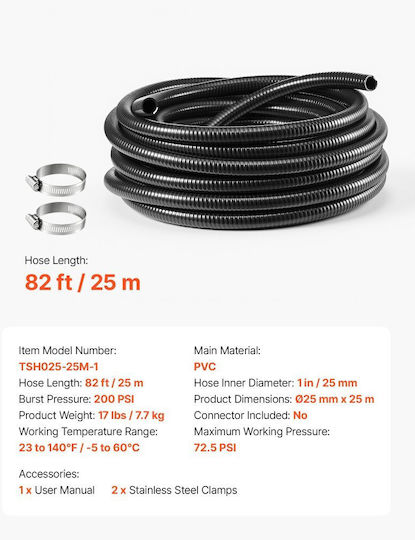 Vevor Heavy-Duty PVC Suction Hose 25 mm x 25 m Clamps Black Xsyg25mm25mwi7iy7001v0
