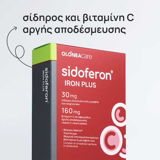 OLONEA Sidoferon Iron Plus with Maximum Absorption Iron Bisglycinate That Does Not Cause Constipation, Slow-Release Vitamin C & Biosync Matrix® 30 Caps