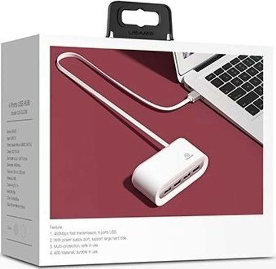 Usams SJ238 USB 2.0 Хъб 4 порта с връзка USB-A Бял