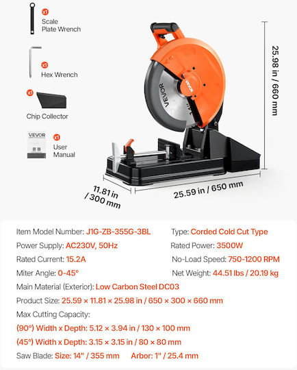Vevor Ferăstrău Circular pentru Metal cu Tăiere la Rece, Ø355 mm, cu Putere de 3,5 kW