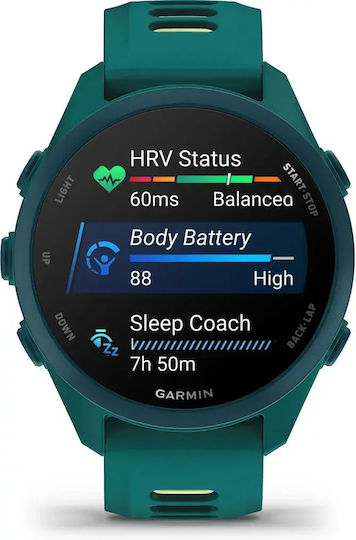 Garmin Forerunner 170 Music 43 mm Wasserdichte Smartwatch mit Herzfrequenzmesser (Petrolgrün Zitronengelb)
