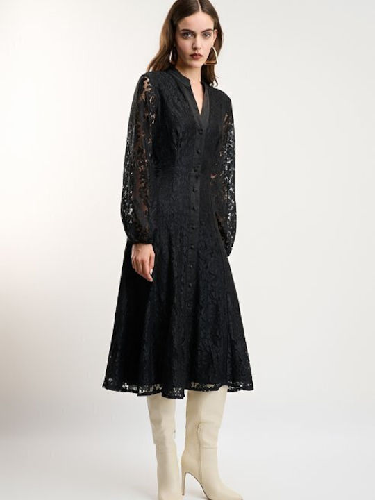 Midi Evening Dress with Lace & Sheer Detail Black