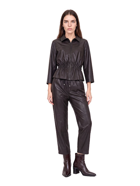Access Women's Leather Trousers with Elastic Waist Brown