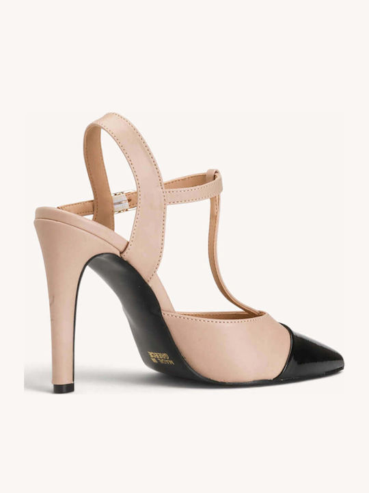 Nude Zweifarbige T-Strap Pumps Aus Lackleder Mit Spitze