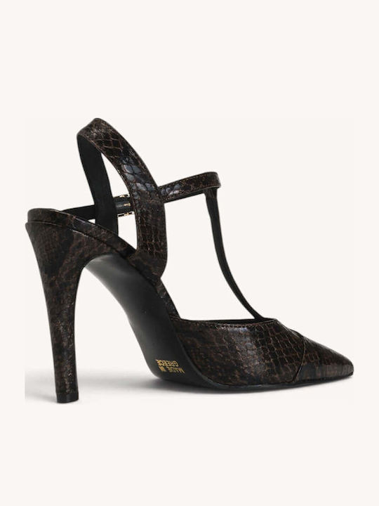 Braune Pumps mit Schlangenmuster, T-Riemchen und Dünnem Absatz