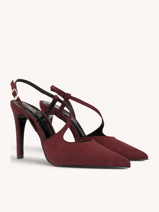 Bordeauxfarbene Wildleder-Slingback-Pumps mit gekreuztem Riemchen