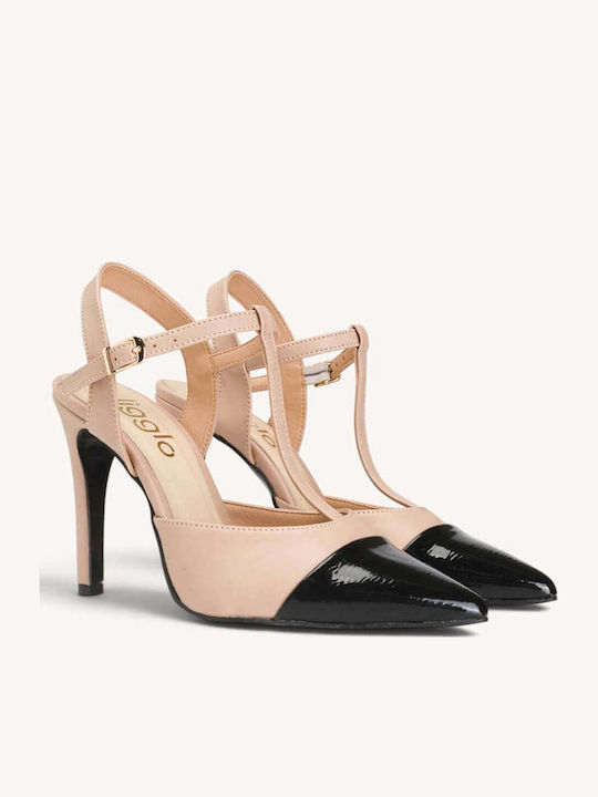 Nude Zweifarbige T-Strap Pumps Aus Lackleder Mit Spitze