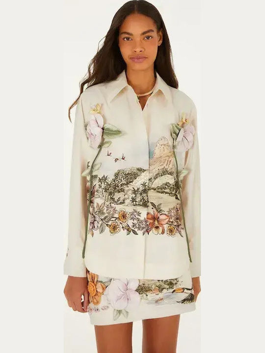 Long Sleeve Women's Cotton Shirt Off-White Floral