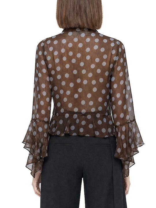 C. Manolo Langärmeliges Damenhemd Braun-Hellblau mit Polka-Dot-Muster