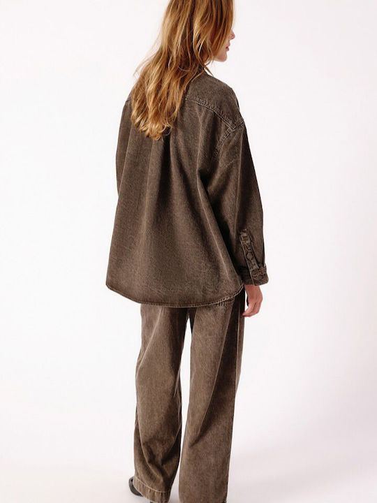 Long Sleeve Women's Denim Shirt Stone Brown
