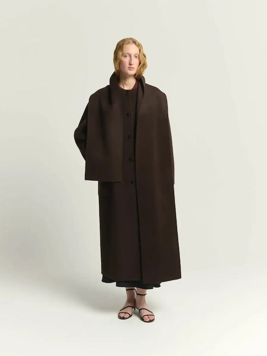 Wool Women's Coat Brown Oversized with Buttons