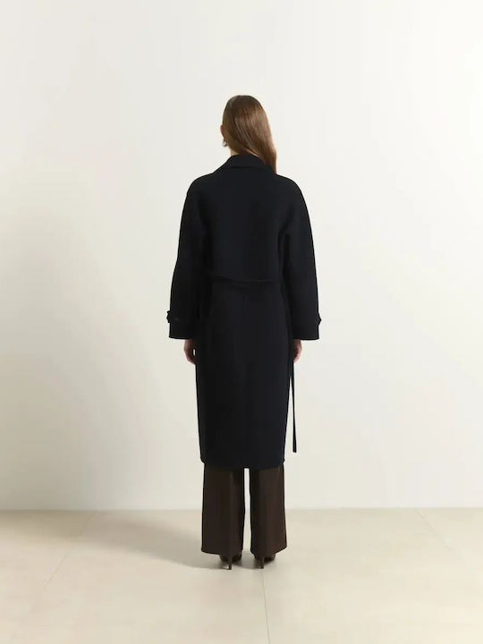 Wool Women's Coat Dark Blue with Buttons