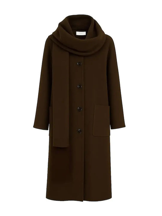 Wool Women's Coat Brown Oversized with Buttons