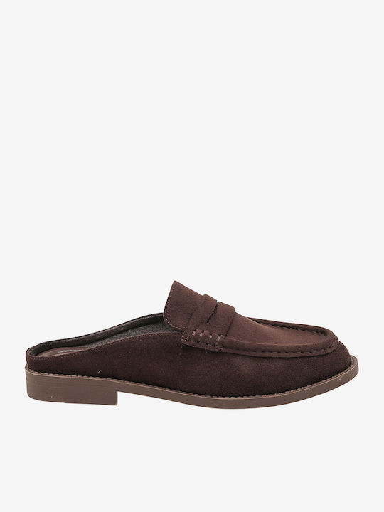 Suede Mules with Low Heel in Brown Colour
