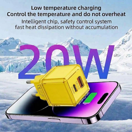 Leewello Зарядно Устройство Без Кабел с USB-A Порт и USB-C Порт 20W Power Delivery / Quick Charge 3.0 Жълто (783192-Yellow)