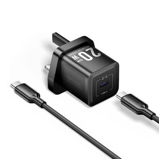 Vention GaN Charger with USB-C Port and USB-C - USB-C Cable 20W Black (FEPB0-UK-01)