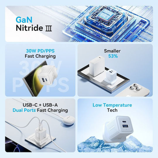 Vention Φορτιστής Χωρίς Καλώδιο GaN με Θύρα USB-A και Θύρα USB-C 30W Power Delivery / Quick Charge 3.0 Μαύρος (FEQB0-UKFEQB0-UK)