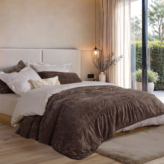 Nef-Nef Homeware Vania Coffee Sherpa Comforter Set Double 240x220 cm 2 Pieces 700 GSM