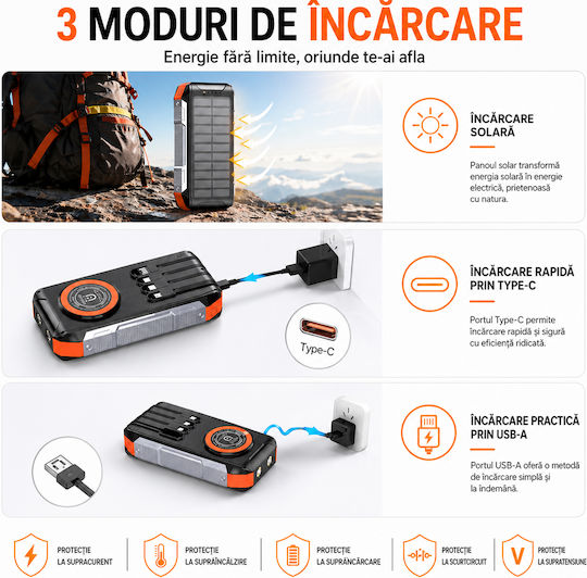 Linomag Ηλιακό Power Bank 30000mAh 22.5W με Θύρα USB-A και Θύρα USB-C Power Delivery Πορτοκαλί
