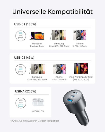 Anker 167.5W Car Charger with Ports: 1xUSB-A 2xType-C, Including Type-C Cable, Grey Colour
