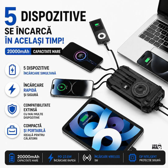 Linomag Solar Power Bank 20000mAh 22.5W with USB-A Port and USB-C Power Delivery Port Black