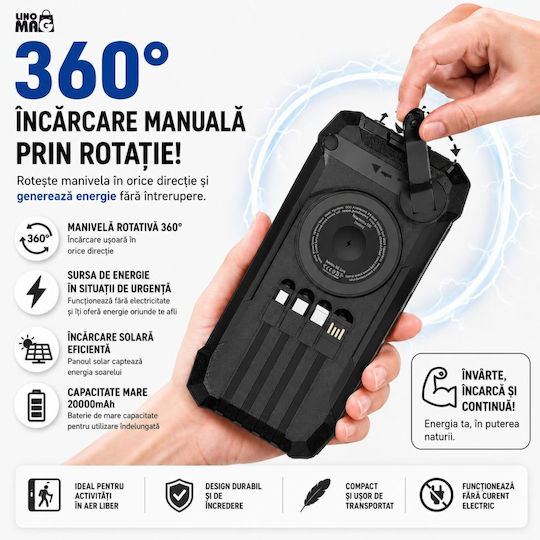Linomag Solar Power Bank 20000mAh 22.5W with USB-A Port and USB-C Power Delivery Port Black