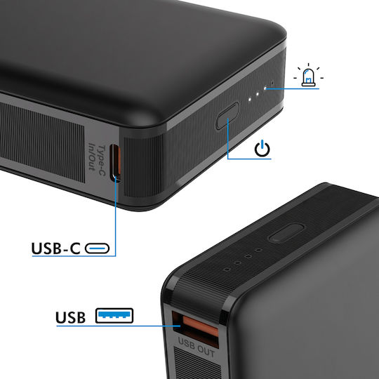 Akashi Powerbank 10000 mAh 22 W mit USB-A-Anschluss und USB-C-Anschluss, Power Delivery, Schwarz