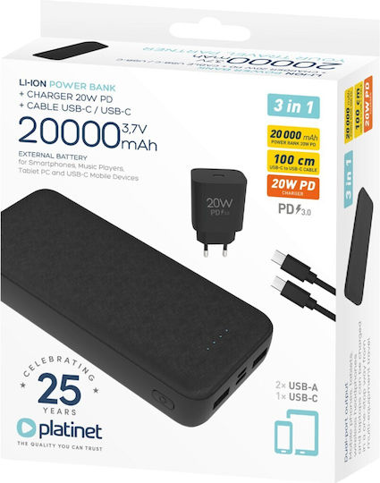 Platinet Външна батерия 20000 mAh 20 W с 2 USB-A порта и USB-C порт с Power Delivery, черна