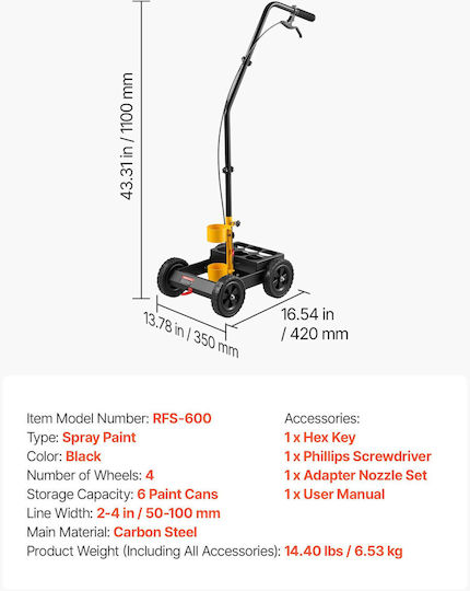 Vevor Striping Line Marking Machine 6-can Capacity Black 4 Wheels Parking Striping Machine Ρυθμιζόμενο Πλάτος Γραμμής 50-100 Mm Βαρέως Τύπου Γρήγορη Ακριβή Σήμανση Ακροφύσιο Προσαρμογέα
