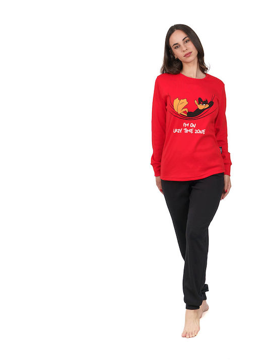Sara Set de Pijama de Iarnă pentru Femei din Bumbac Roșu