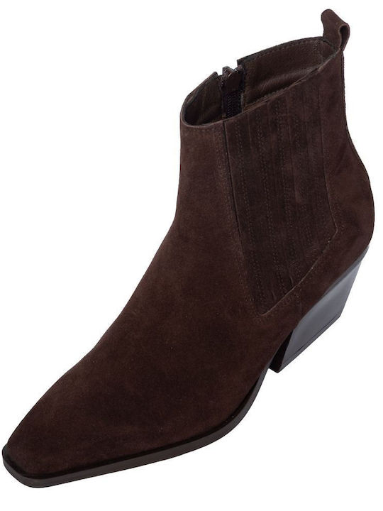 Leather Women's Cowboy Ankle Boots with Medium Heel Brown