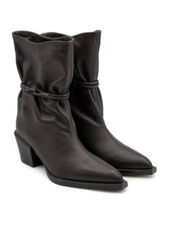 Leather Women's Cowboy Ankle Boots with Medium Heel Brown