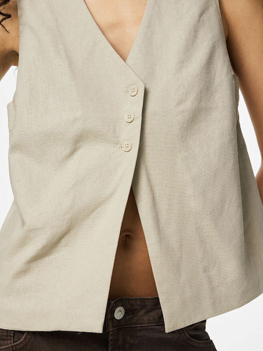 Ärmellose Leinenbluse für Damen mit V-Ausschnitt Beige