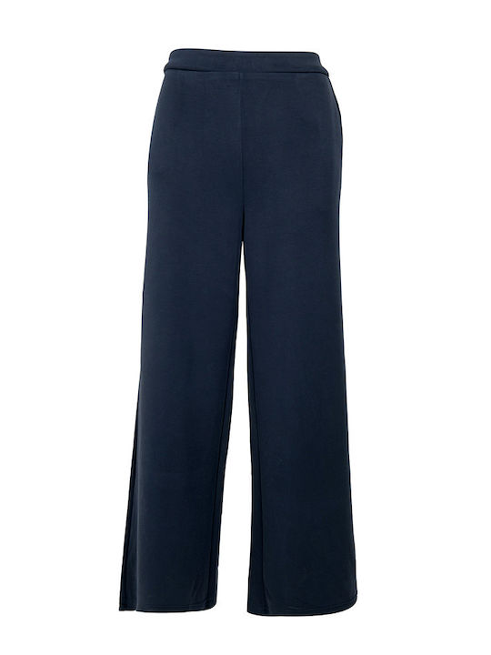 Women's Fabric Trousers with Elastic Waist in a Wide Leg Style Dark Blue