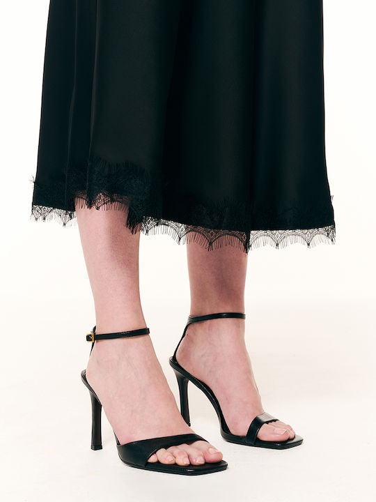Schwarzer Satin Midirock in A-Linie mit hoher Taille