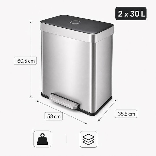 Relaxdays Coș de Reciclare din Oțel Inoxidabil cu Pedală 30 l Gri