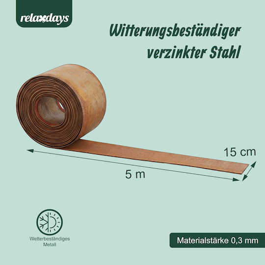 Bordură de Grădină Relaxdays 10051892_1431 din Oțel cu Finisaj Ruginiu, Înaltă de 15 Cm, Grosime de 0,3 Mm, Lungime de 5 M/10 M, Maro Ruginiu