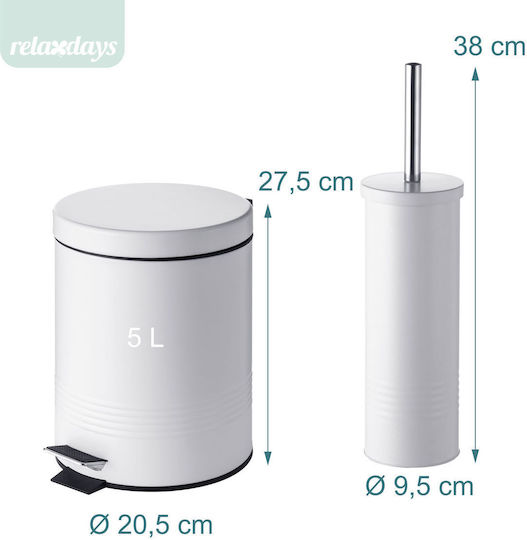 Relaxdays Set Metalic de Perie WC și Coș de Baie 5 l, Alb