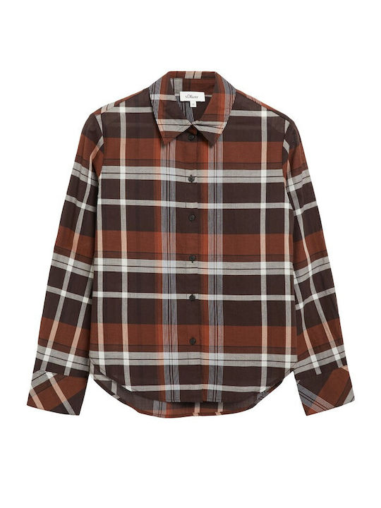 Long-Sleeve Women's Cotton Shirt Brown Checked