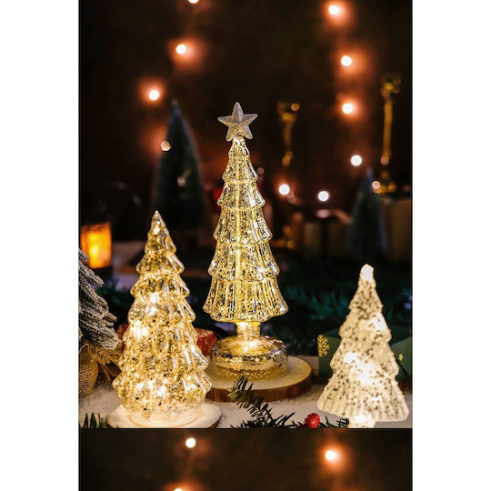 Brad Decorativ de Crăciun din Sticlă, cu Lumină LED, 24 cm, Auriu