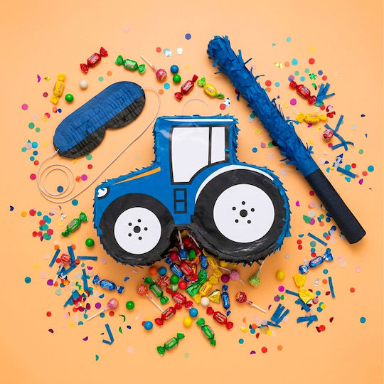 Relaxdays Tractor Piñata Set Mask Stick White Blue Black
