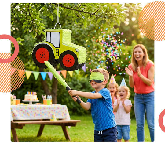 Relaxdays Tractor Piñata Set Mask Stick Gold Red Black