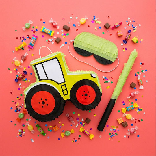 Relaxdays Tractor Piñata Set Mask Stick Gold Red Black