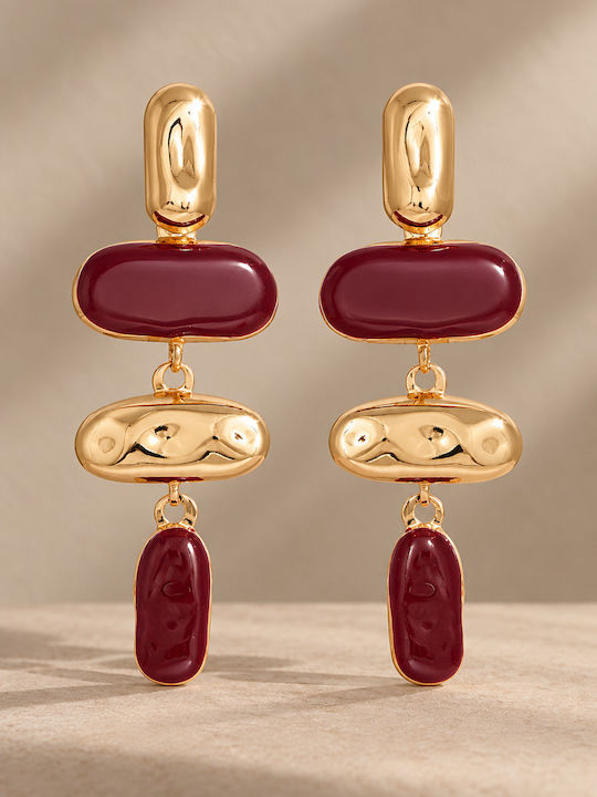 Boho Chic Burgundy Enamel Gold Dangle Earrings